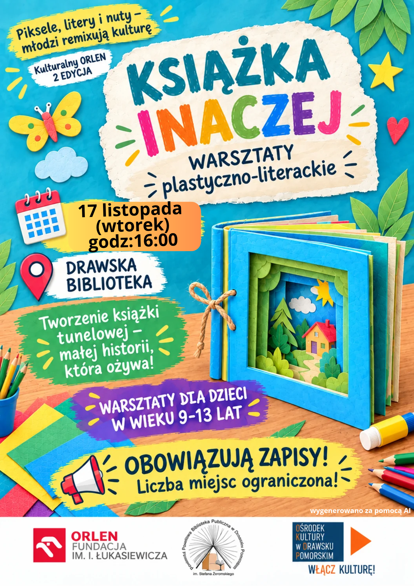 Ruszają zapisy na&nbsp;kolejne warsztaty plastyczno - literackie  w&nbsp;ramach projektu Kulturalny Orlen - "Książka inaczej". Szczeg&oacute;ły na&nbsp;plakacie.