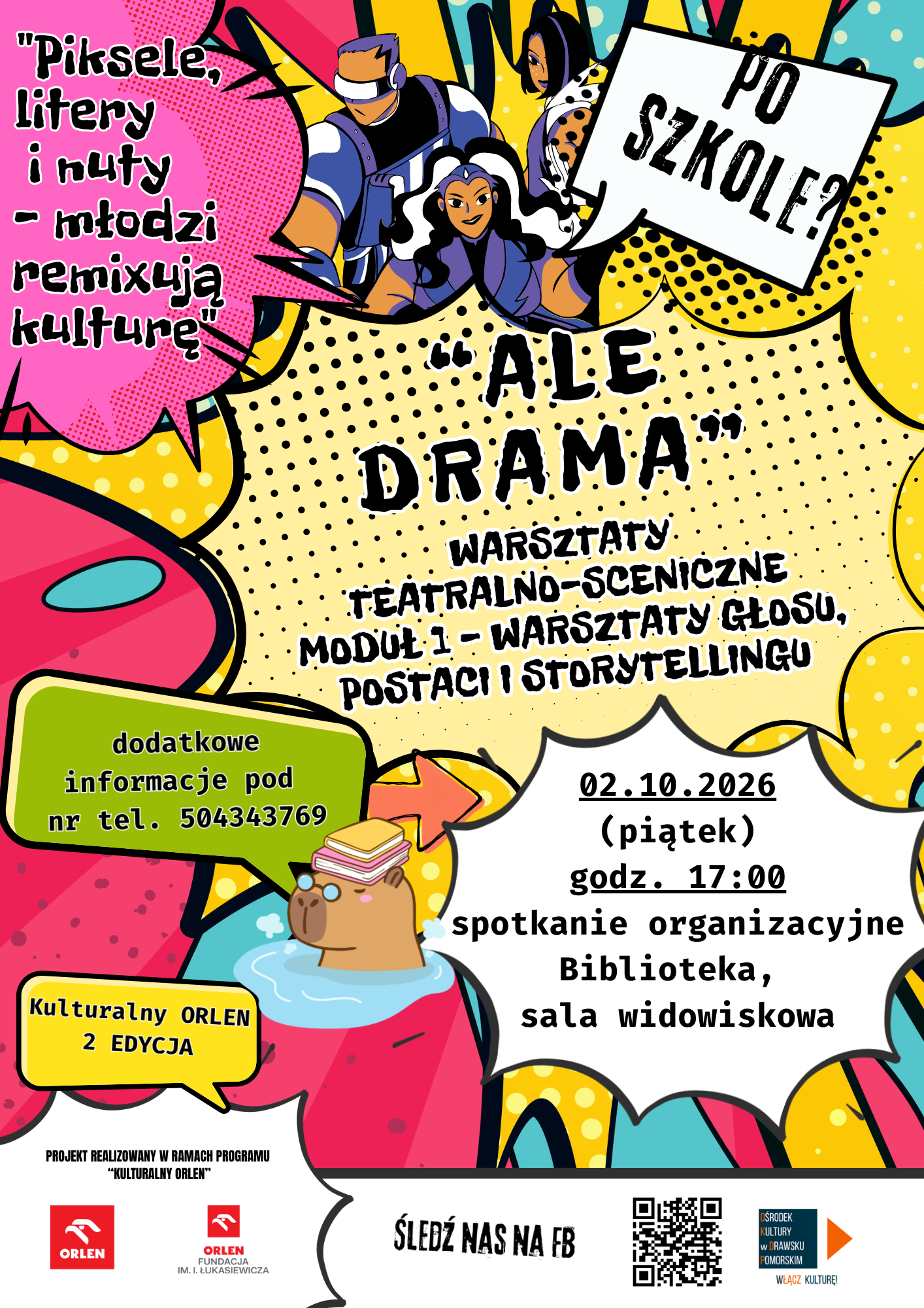 plakat reklamujący warsztaty teatralne "Ale drama"
